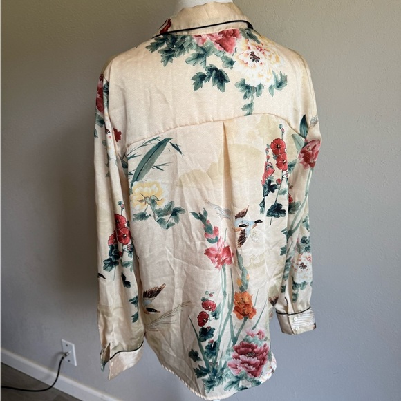 Zara Basic Cream Floral Bird Print Sleek Long Sleeve Sleep Top Womens L Basic - Picture 4 of 5